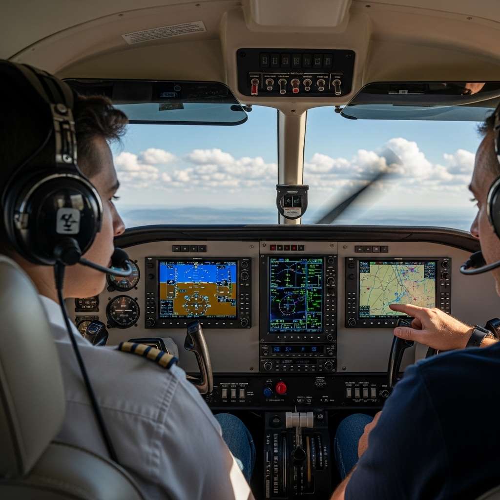 Two pilots in a small aircraft cockpit, looking at avionics screens and controls with a sky view through the windshield.